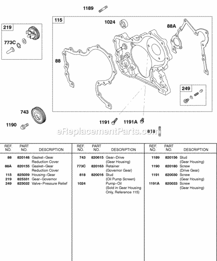 Gear Housing Diagram and Parts List for 589447-0310-99  Briggs and Stratton Engine